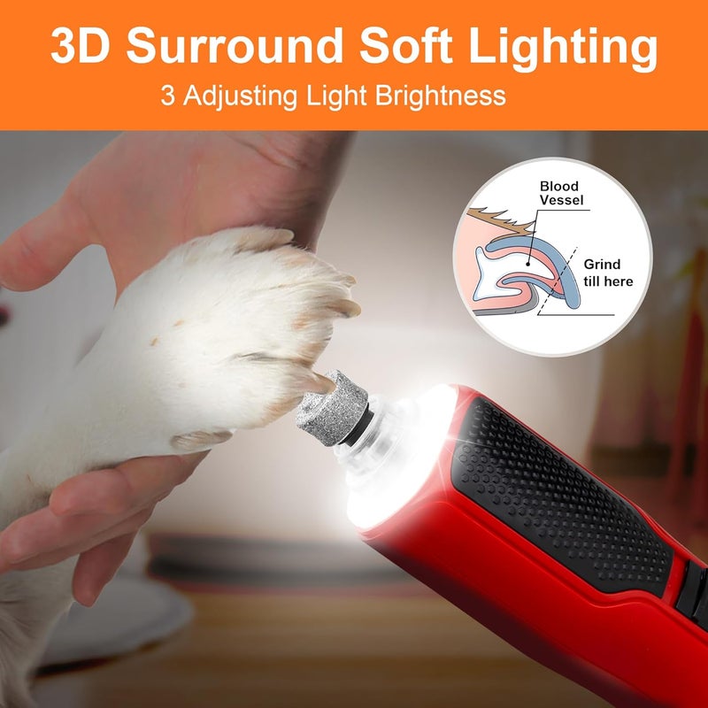 CATPICK 7-Speed Dog & Cat Nail Grinder with Light - Ring LED Safe to Avoid Overcut, Quiet Low Vibration & Powerful Fast, Cordless Rechargeable Toenail Trimmer for Small & Large Puppy & Breeds Paws(Red) - Image 2